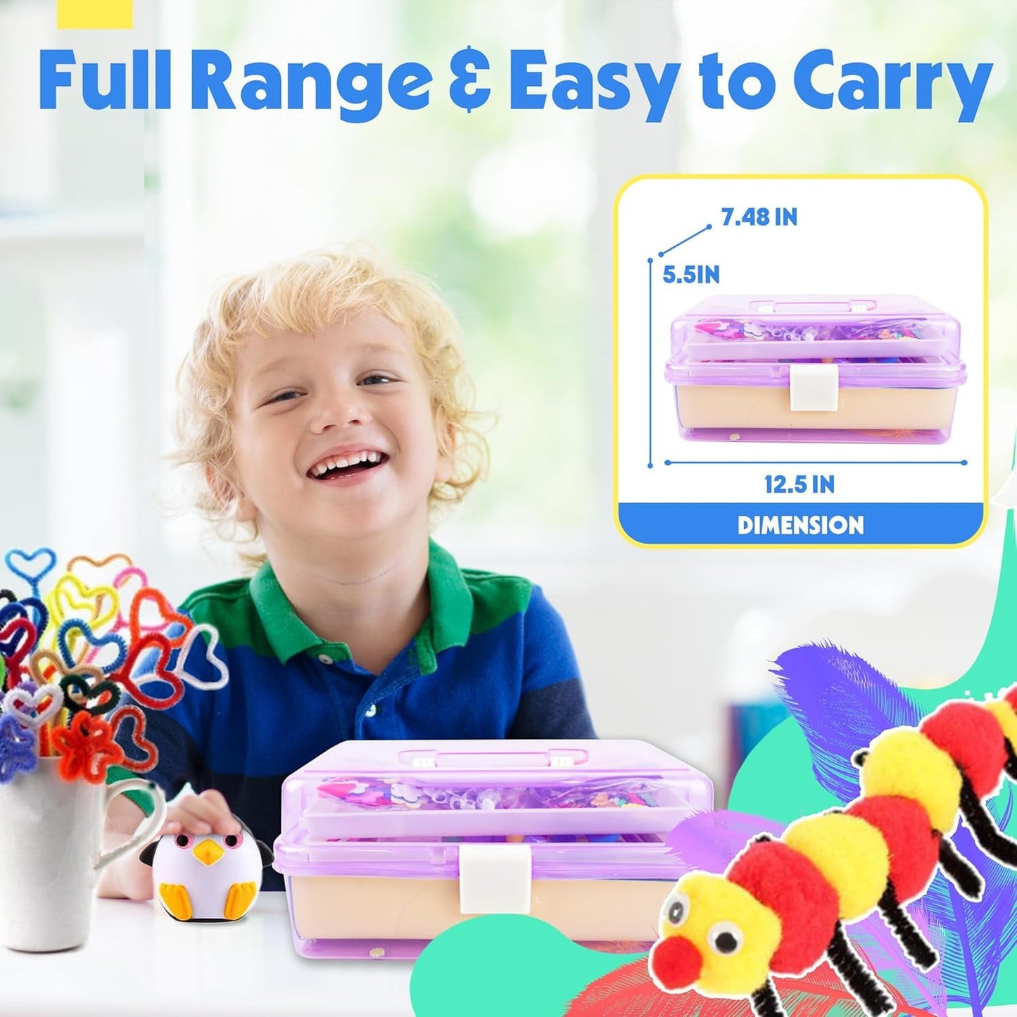 SMILESSKIDDO Kids Arts & Crafts Kit — 1000+ Pieces, Portable 3-Layer Storage Box, Gift for Ages 4-8