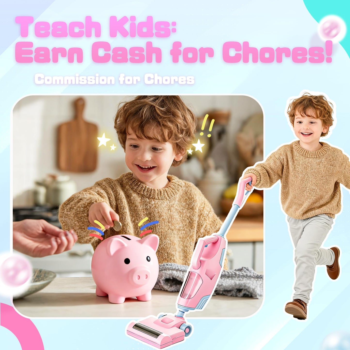 SMILESSKIDDO Kids Toy Vacuum & Piggy Bank Set - Learn Money Skills & Responsibility