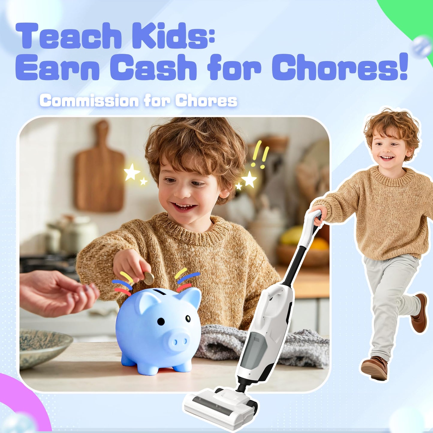 SMILESSKIDDO Kids Toy Vacuum & Piggy Bank Set – Real Working Vacuum & Save