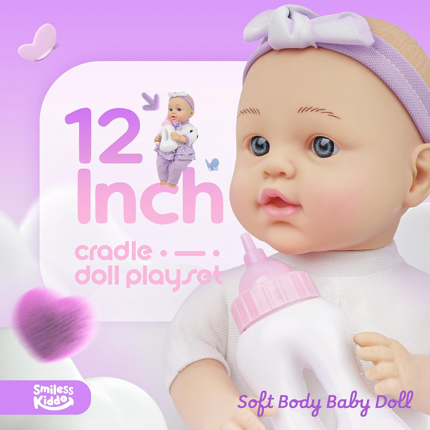SMILESSKIDDO 12-Inch Baby Doll Playset with Carrier Bassinet, Bottle, Blanket & Pillow — Soft, Washable Accessories