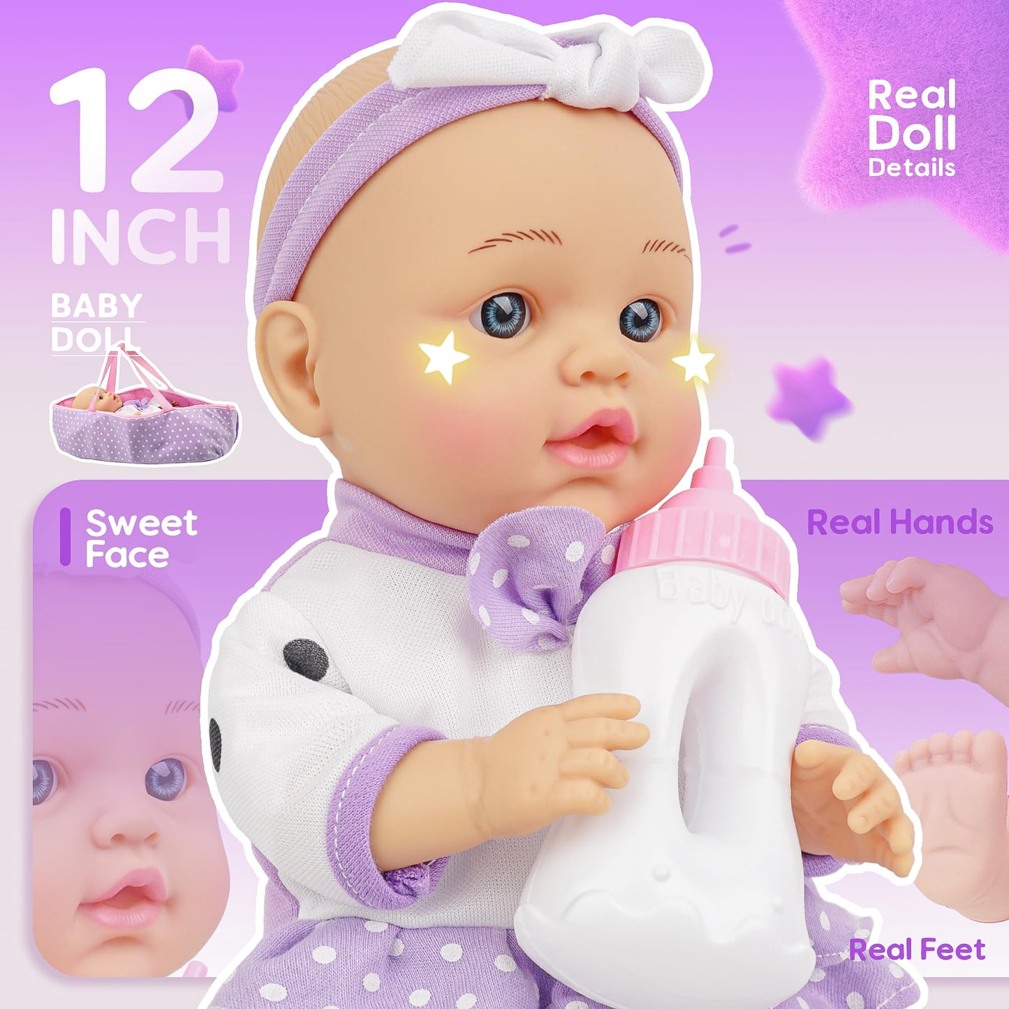 SMILESSKIDDO 12-Inch Baby Doll Playset with Carrier Bassinet, Bottle, Blanket & Pillow — Soft, Washable Accessories