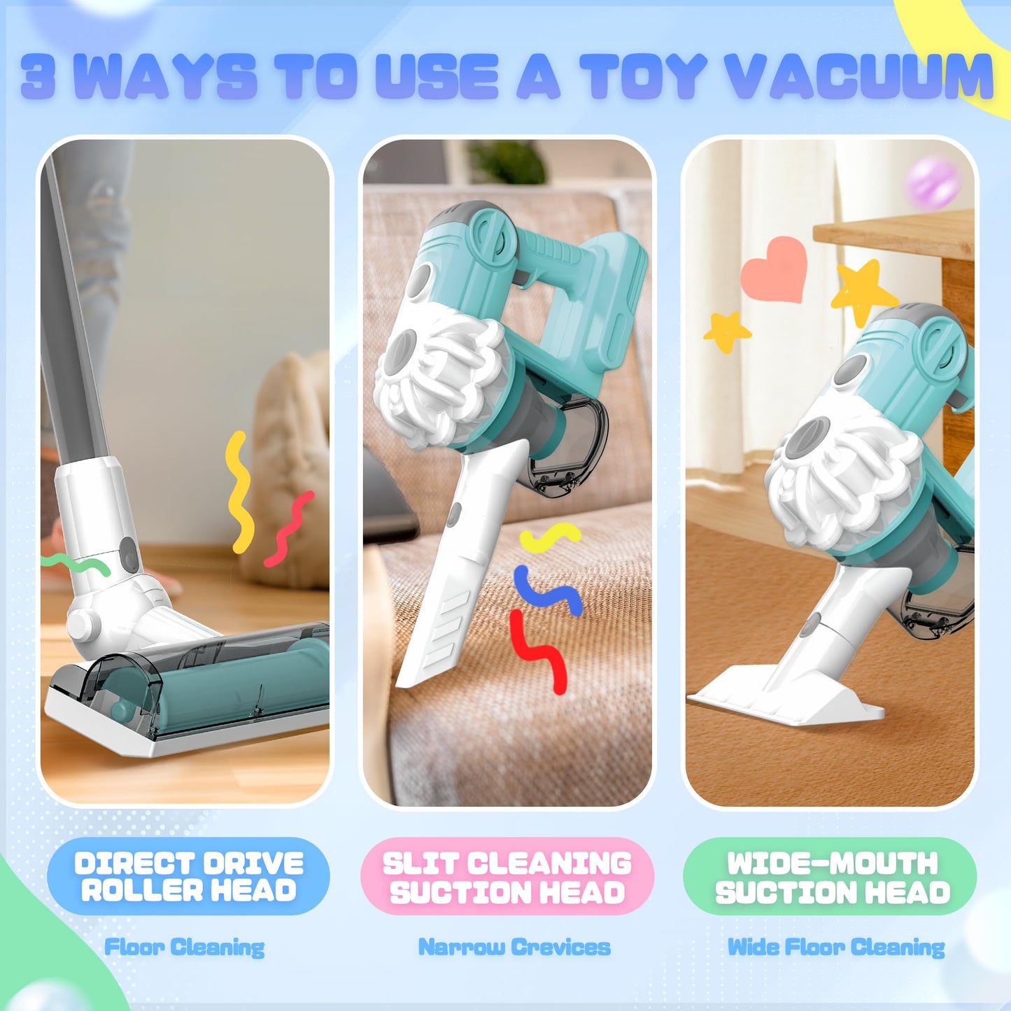 SMILESSKIDDO 3-in-1 Kids Vacuum with Real Suction | Toy Cleaning Set