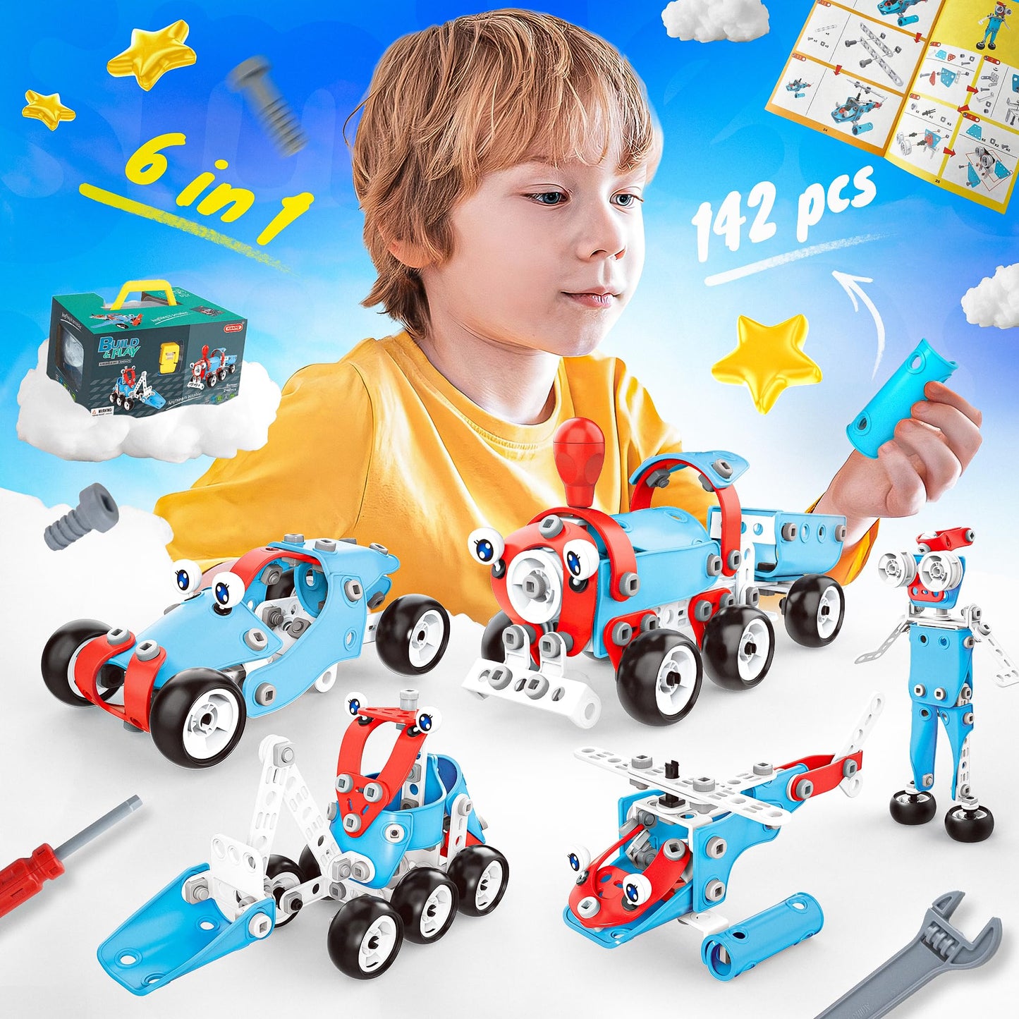 SMILESSKIDDO STEM Kits: 6-in-1 142-Piece Educational Building Blocks for Kids 5+