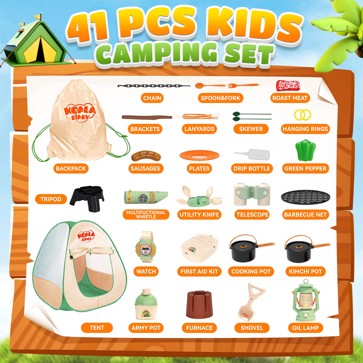 SMILESSKIDDO 41-Piece Kids Camping Set with Pop-Up Tent – Indoor & Outdoor Pretend Play