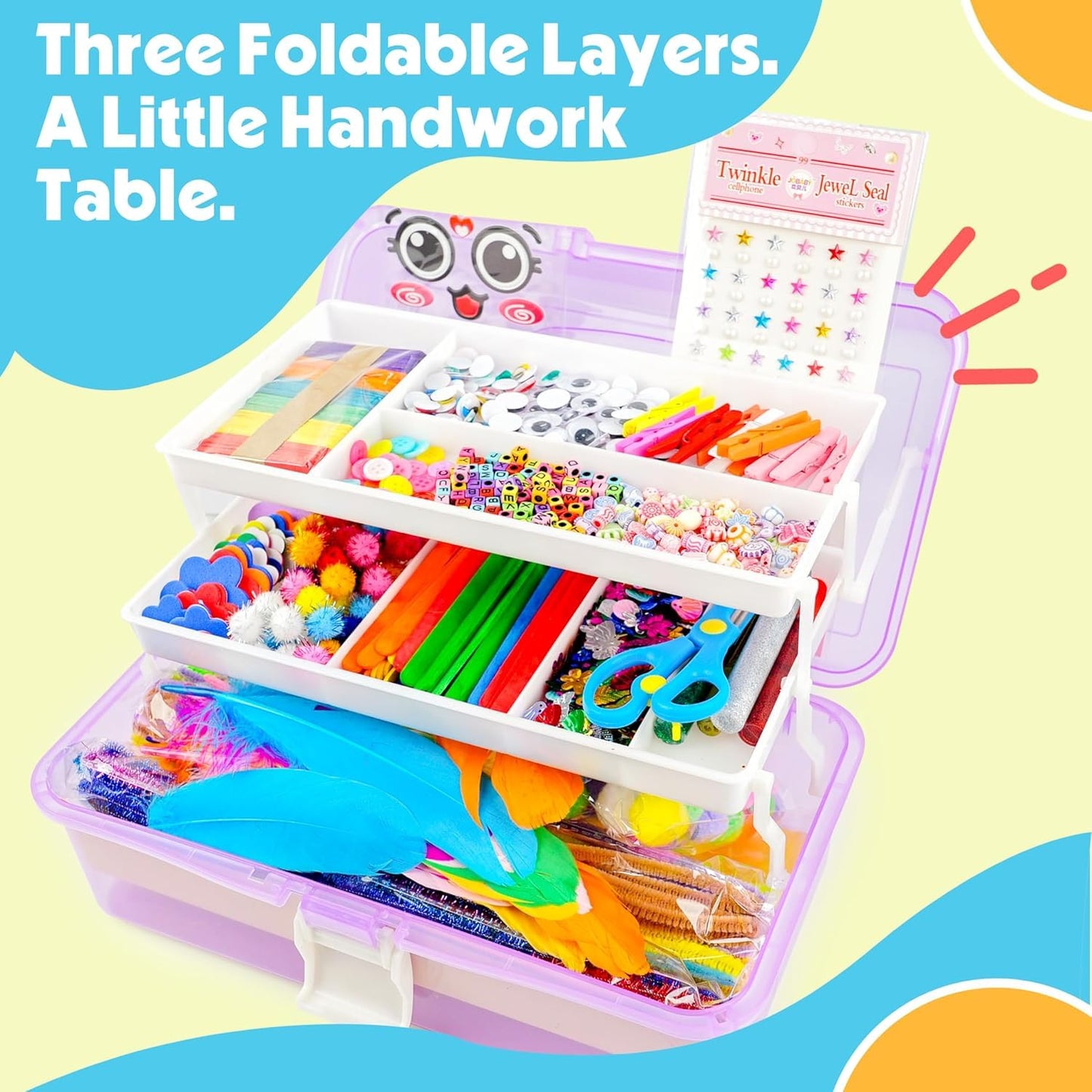 SMILESSKIDDO Kids Arts & Crafts Kit — 1000+ Pieces, Portable 3-Layer Storage Box, Gift for Ages 4-8
