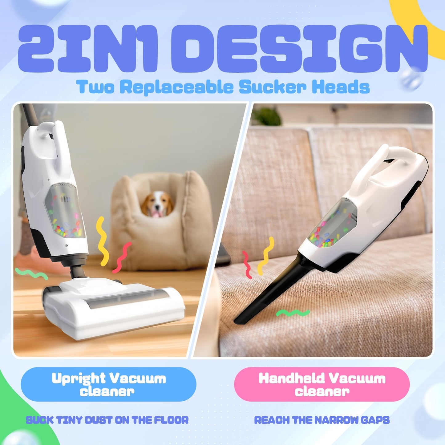 SMILESSKIDDO Kids Vacuum – Cordless Toy Vacuum with 2 Nozzles, Realistic Sounds & Ball Popping