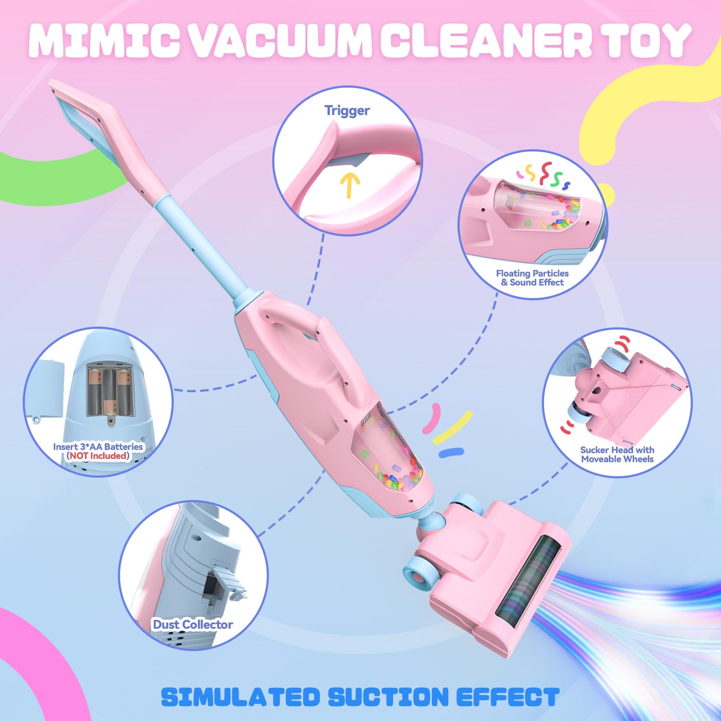 SMILESSKIDDO Kids Vacuum Toy Pink - 2-Nozzle Pretend Cleaning