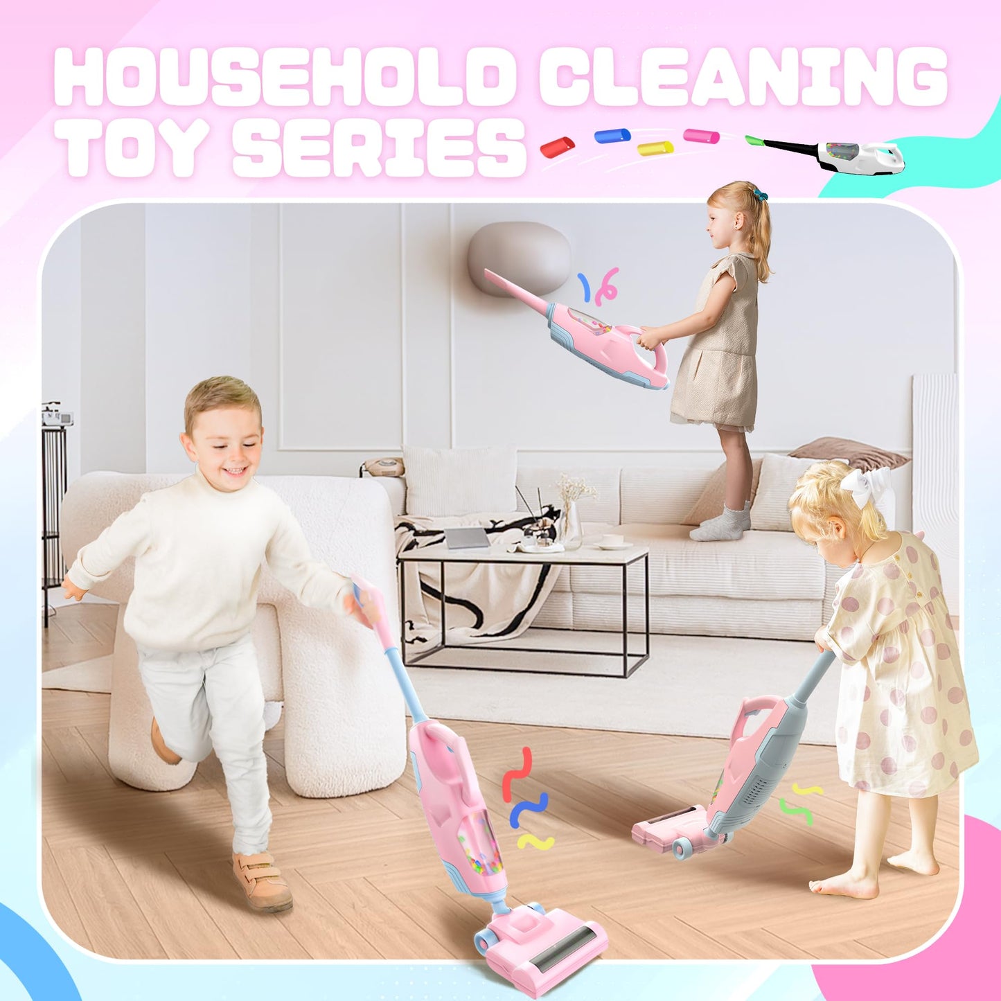 SMILESSKIDDO Kids Vacuum Toy Pink - 2-Nozzle Pretend Cleaning