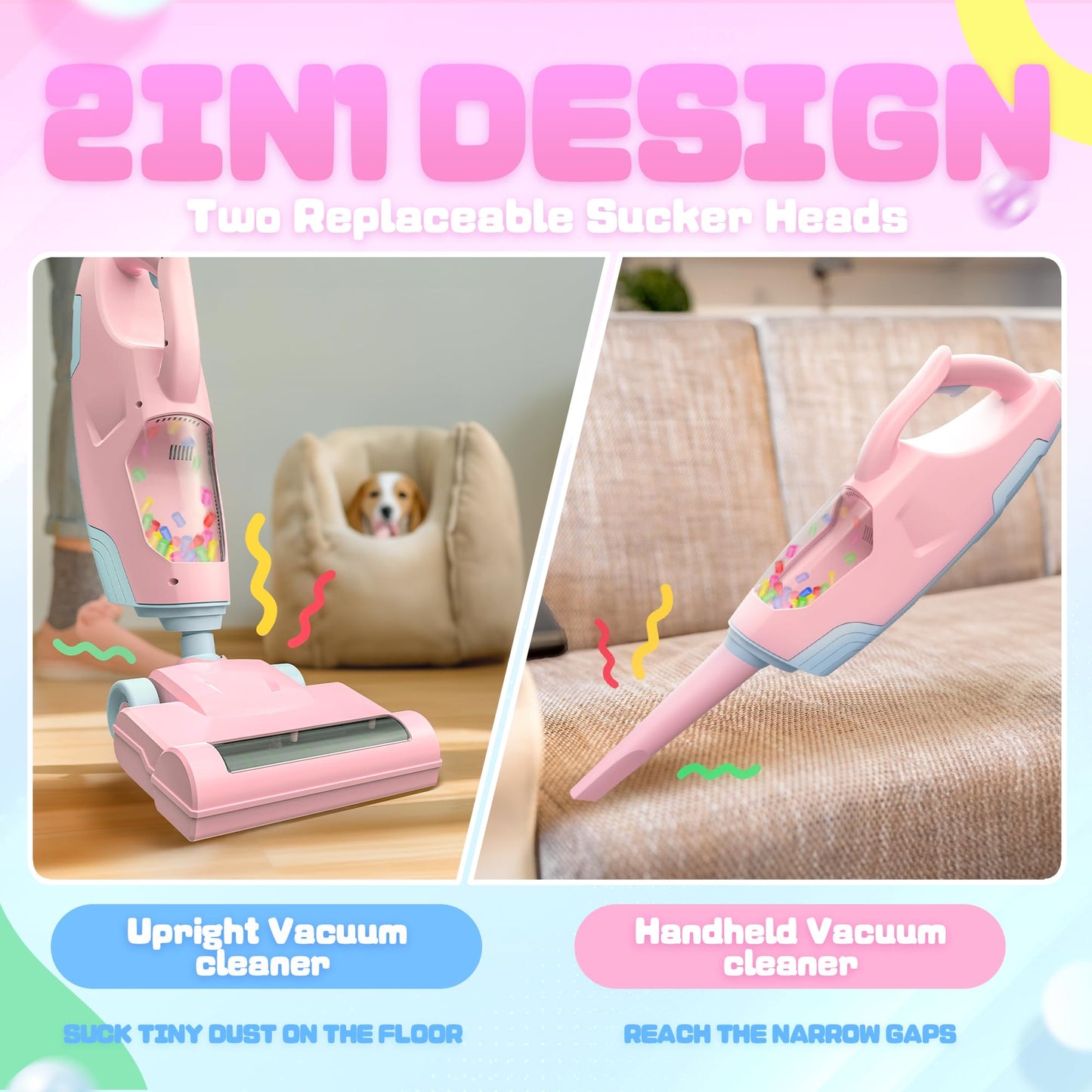SMILESSKIDDO Kids Vacuum Toy Pink - 2-Nozzle Pretend Cleaning