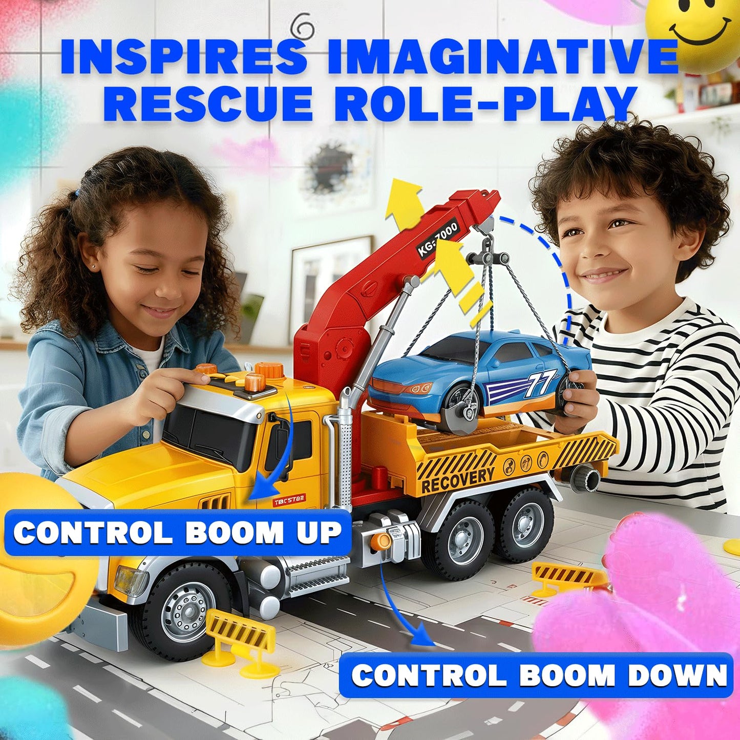 SMILESSKIDDO 1:12 Friction-Powered Tow Truck Toy with Lights & Sounds for Ages 3–6