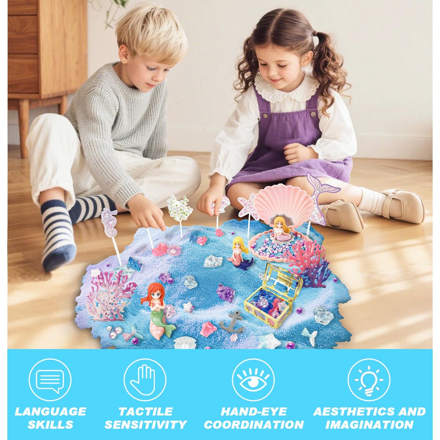 SMILESSKIDDO Ocean Sensory Bin Kit – Blue Sand & Mermaid Toys
