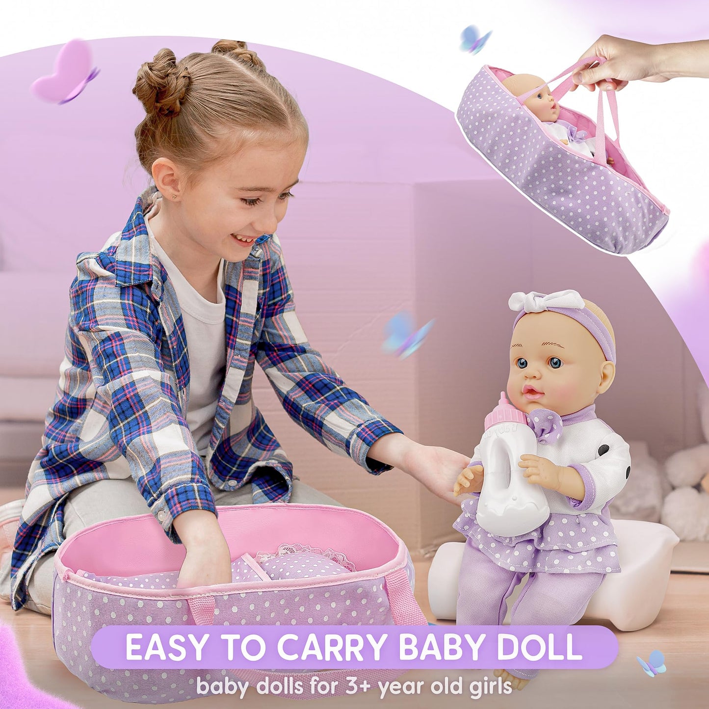 SMILESSKIDDO 12-Inch Baby Doll Playset with Carrier Bassinet, Bottle, Blanket & Pillow — Soft, Washable Accessories