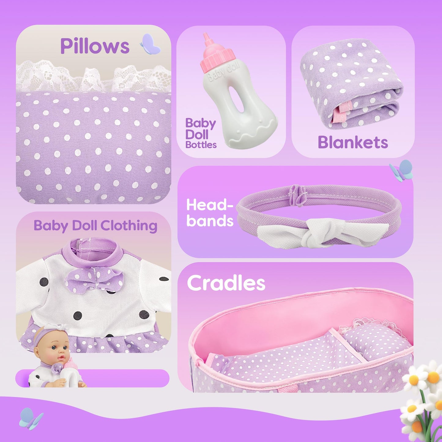 SMILESSKIDDO 12-Inch Baby Doll Playset with Carrier Bassinet, Bottle, Blanket & Pillow — Soft, Washable Accessories