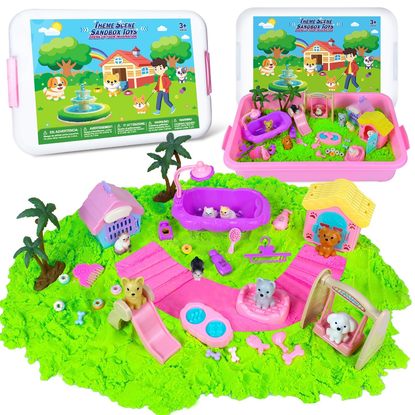 SMILESSKIDDO Sensory Bin: Cat & Dog Play Sand Kit with Green & Red Magic Sand