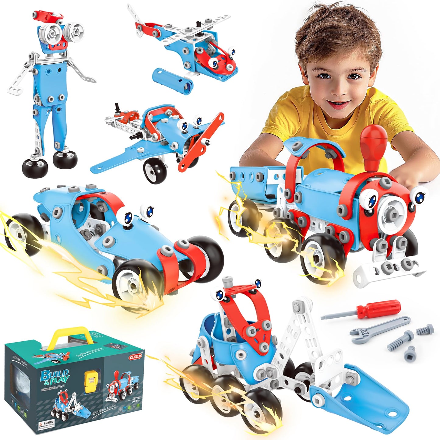 SMILESSKIDDO STEM Kits: 6-in-1 142-Piece Educational Building Blocks for Kids 5+
