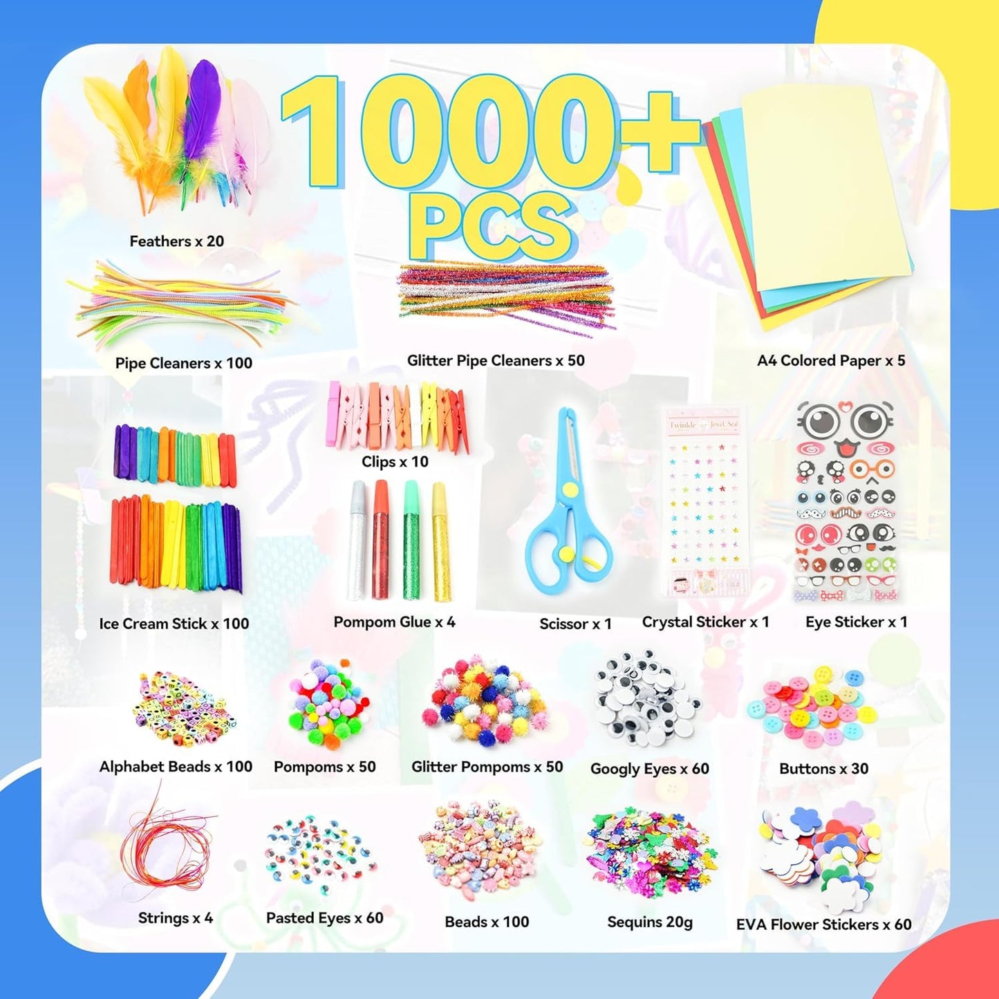SMILESSKIDDO Kids Arts & Crafts Kit — 1000+ Pieces, Portable 3-Layer Storage Box, Gift for Ages 4-8