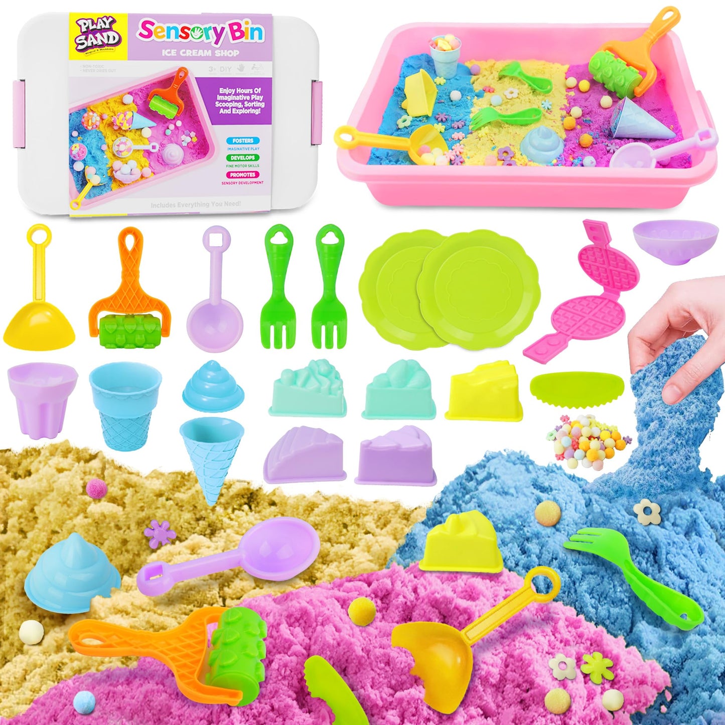 SMILESSKIDDO Sensory Bin: Baking & Ice Cream Kit with 3.3 lb Play Sand