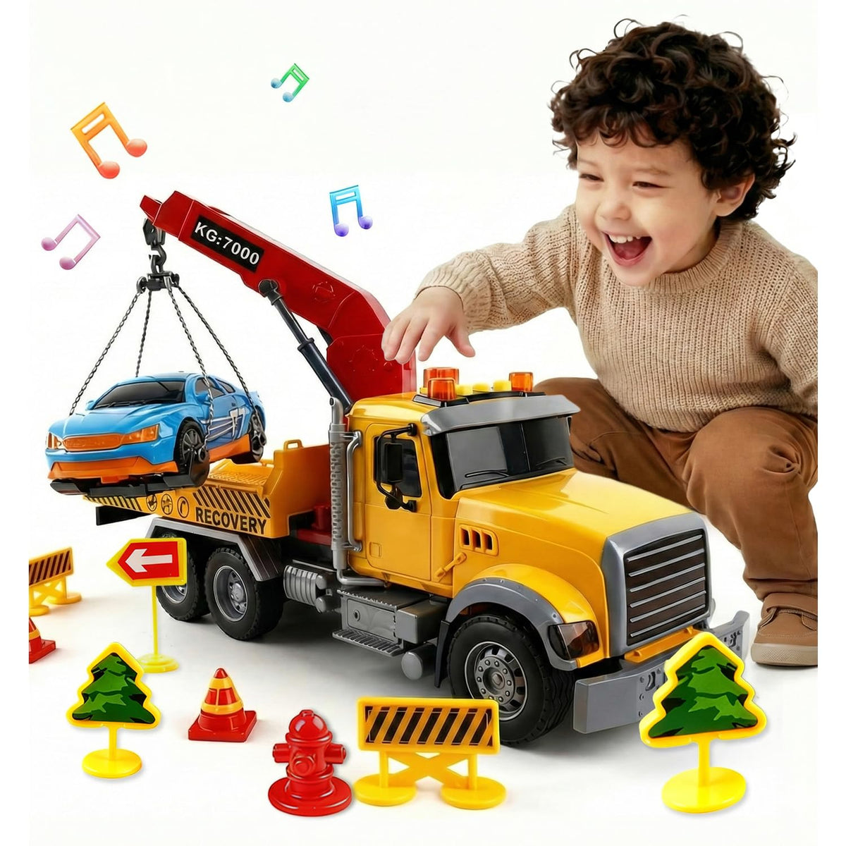 SMILESSKIDDO 1:12 Friction-Powered Tow Truck Toy with Lights & Sounds for Ages 3–6