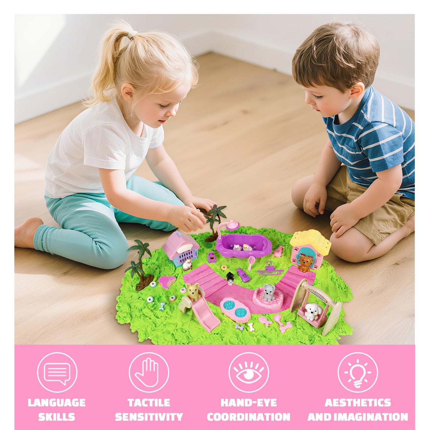 SMILESSKIDDO Sensory Bin: Cat & Dog Play Sand Kit with Green & Red Magic Sand