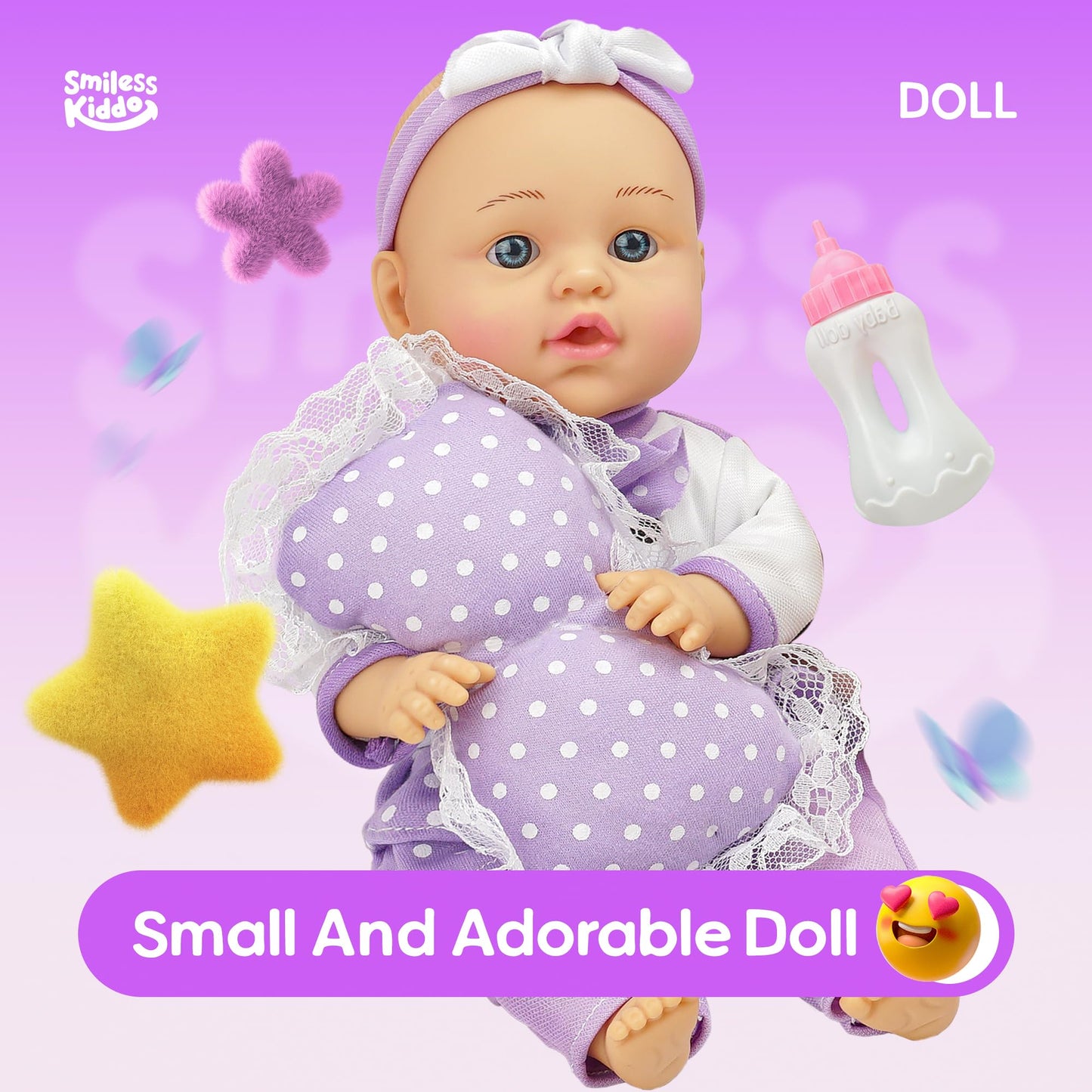 SMILESSKIDDO 12-Inch Baby Doll Playset with Carrier Bassinet, Bottle, Blanket & Pillow — Soft, Washable Accessories