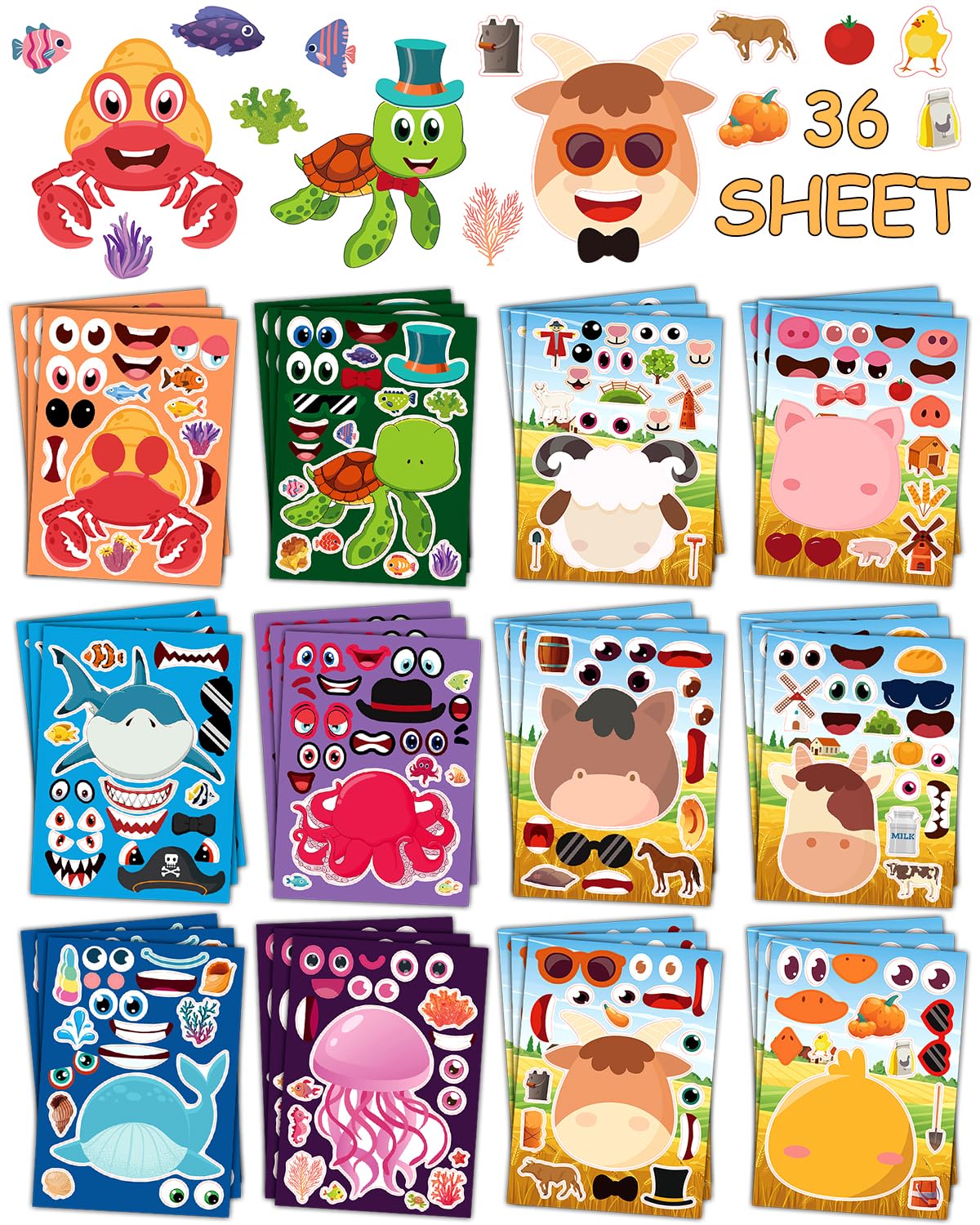 SmilinFit 36 Sheets Kids Stickers — Farm & Sea Animals for Parties, Crafts