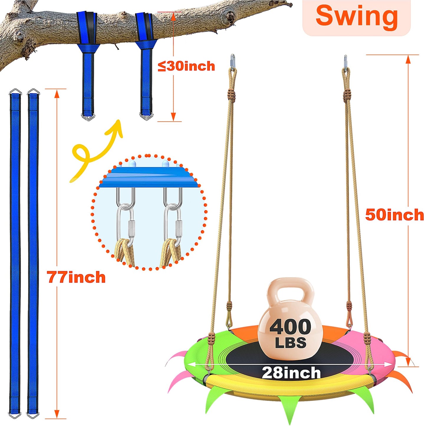 SMkidsport Saucer Swing for Kids Outdoor — 400 lb Heavy-Duty Tree Swing with Adjustable Straps