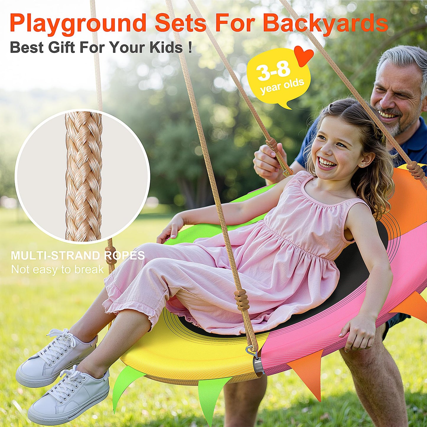 SMkidsport Saucer Swing for Kids Outdoor — 400 lb Heavy-Duty Tree Swing with Adjustable Straps