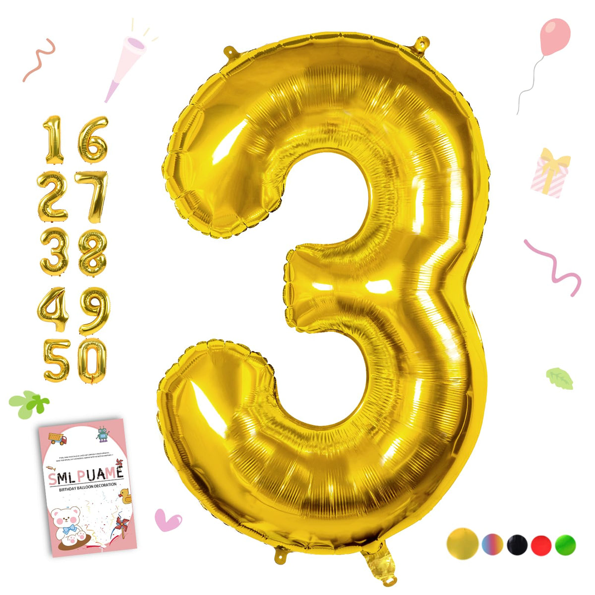 Smlpuame 40-inch Gold Number 3 Balloon - Large Helium Foil Digit for Birthdays & Weddings