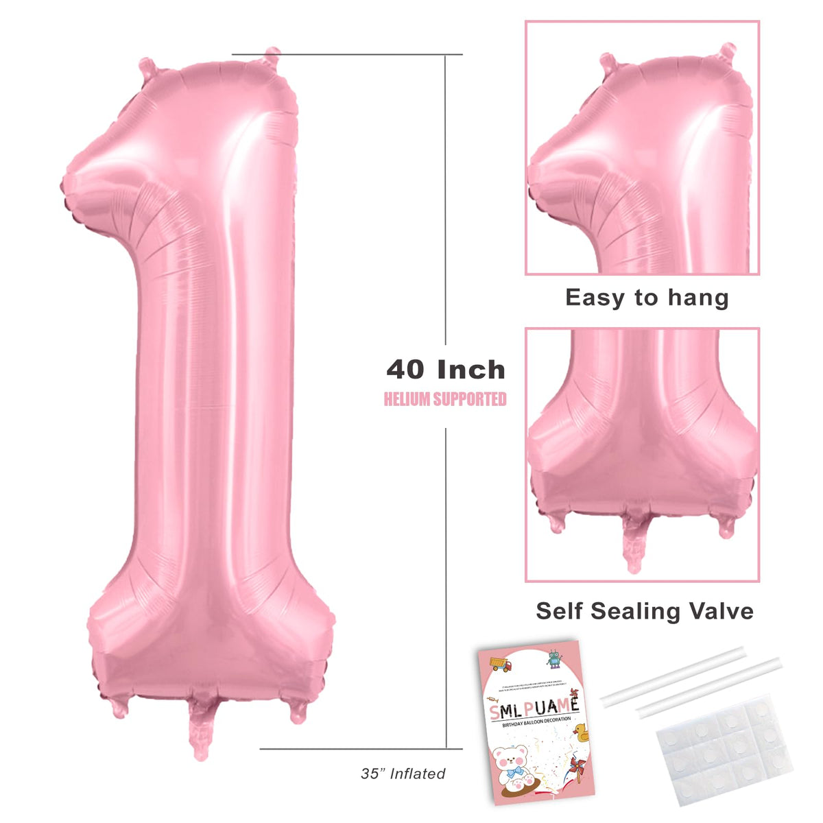 Smlpuame Pastel Pink 40-Inch Foil Number 1 Balloon – Self-Sealing Birthday & Party Decor