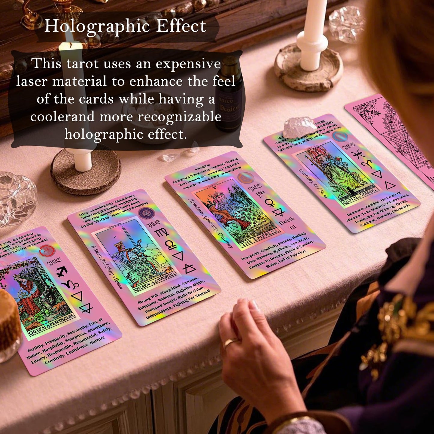 Smoostart Pink Tarot Cards for Beginners — Holographic Laser Deck with Guide Book & Keywords