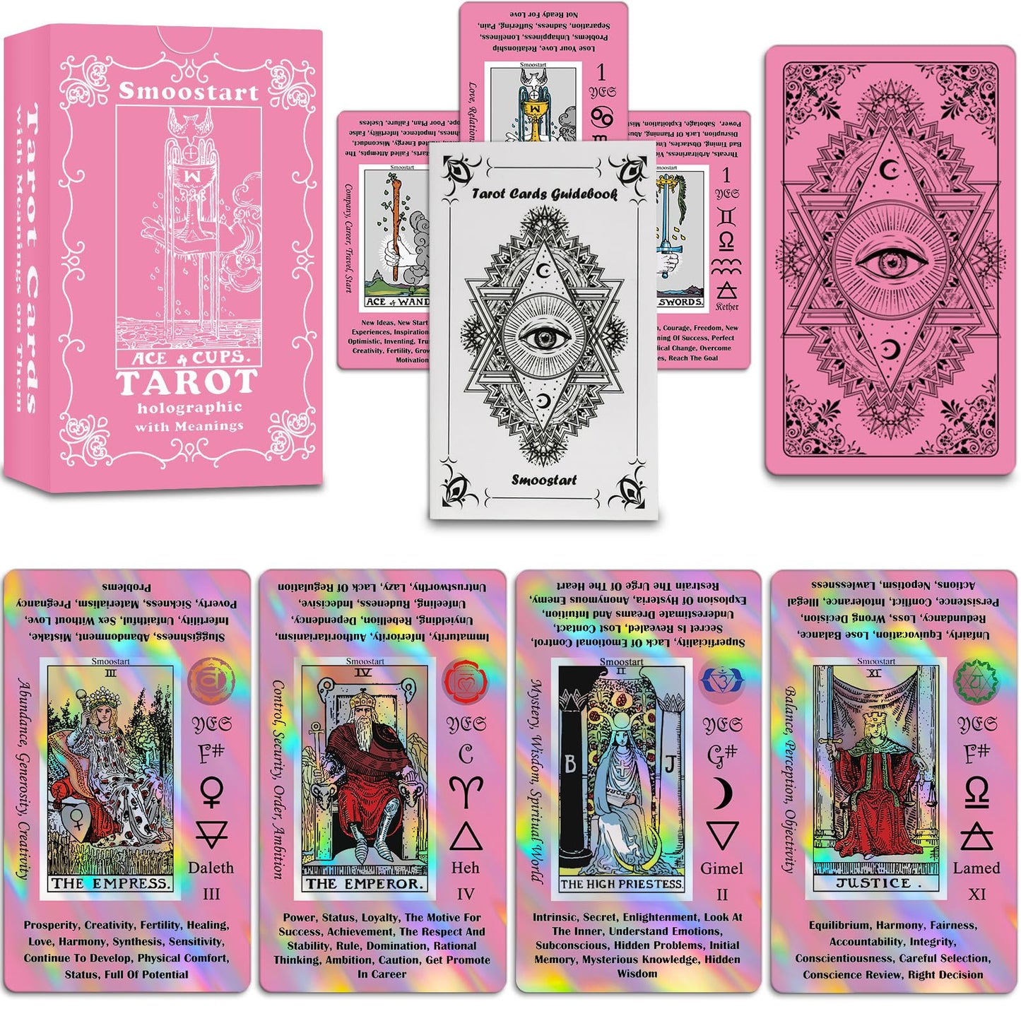 Smoostart Pink Tarot Cards for Beginners — Holographic Laser Deck with Guide Book & Keywords