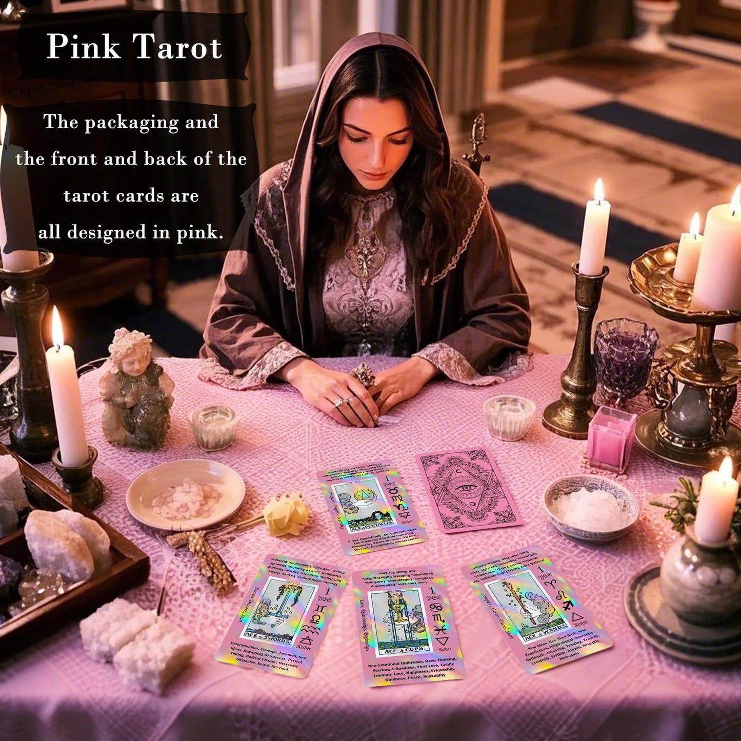 Smoostart Pink Tarot Cards for Beginners — Holographic Laser Deck with Guide Book & Keywords