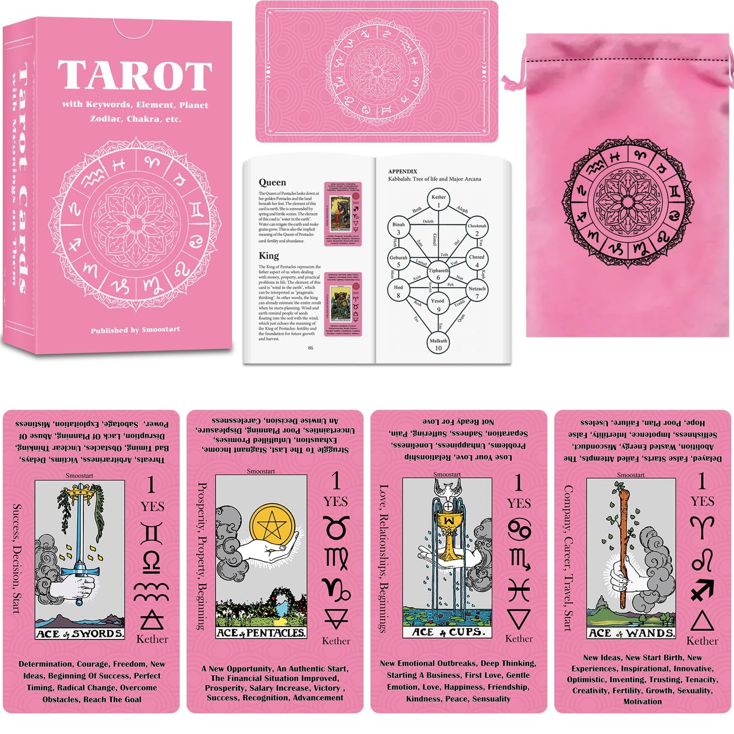 Smoostart Tarot Cards for Beginners – 450GSM Thick Cards, Velvet Storage Bag & Guide Book (78 Cards)