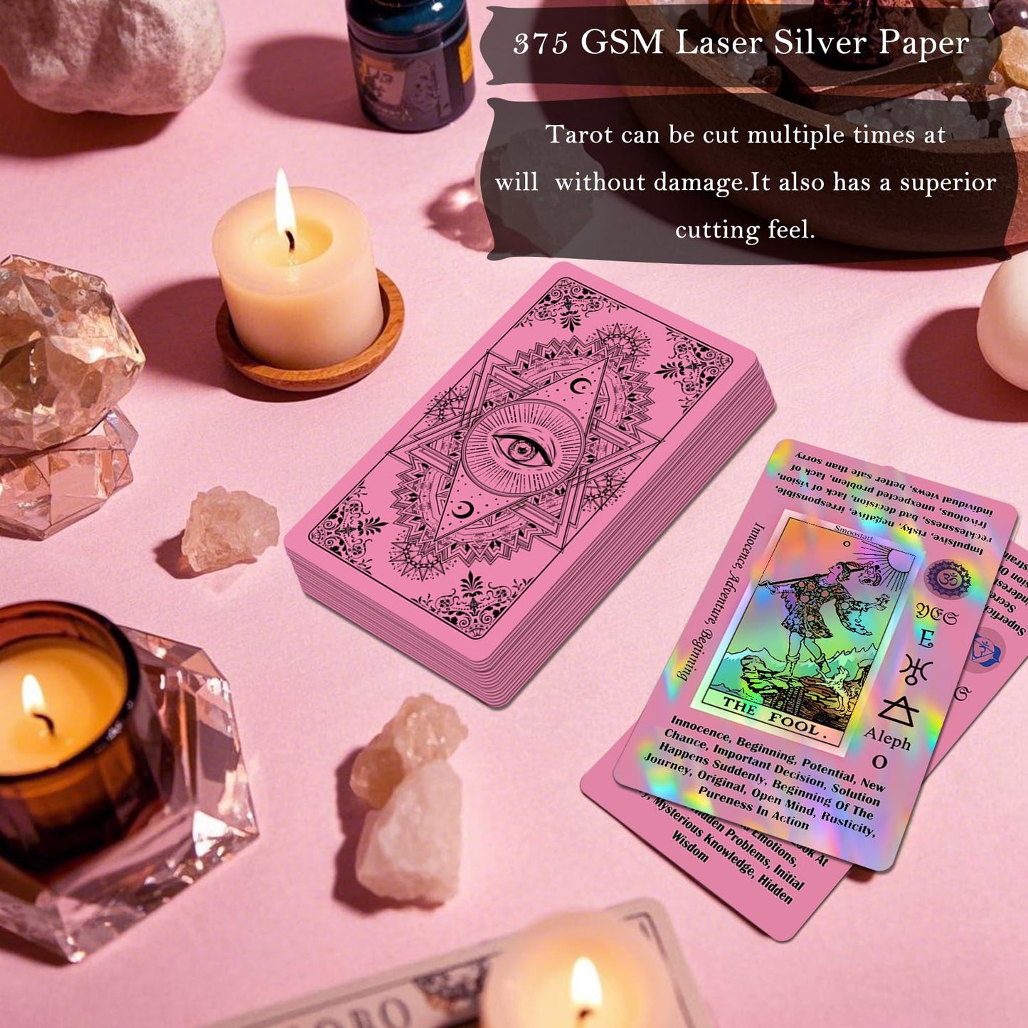 Smoostart Pink Tarot Cards for Beginners — Holographic Laser Deck with Guide Book & Keywords