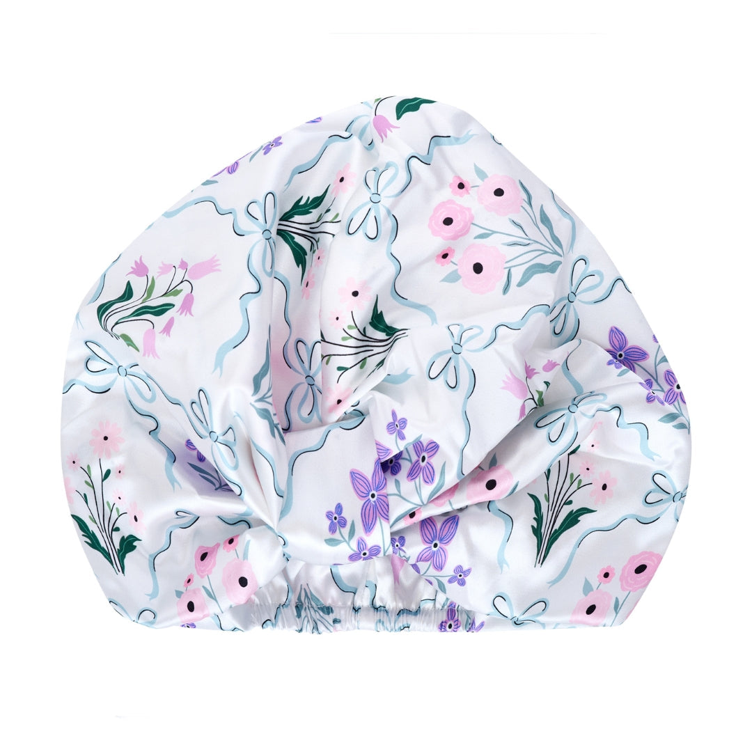 Satin Sleep Turban, Blue Ribbon Bloom