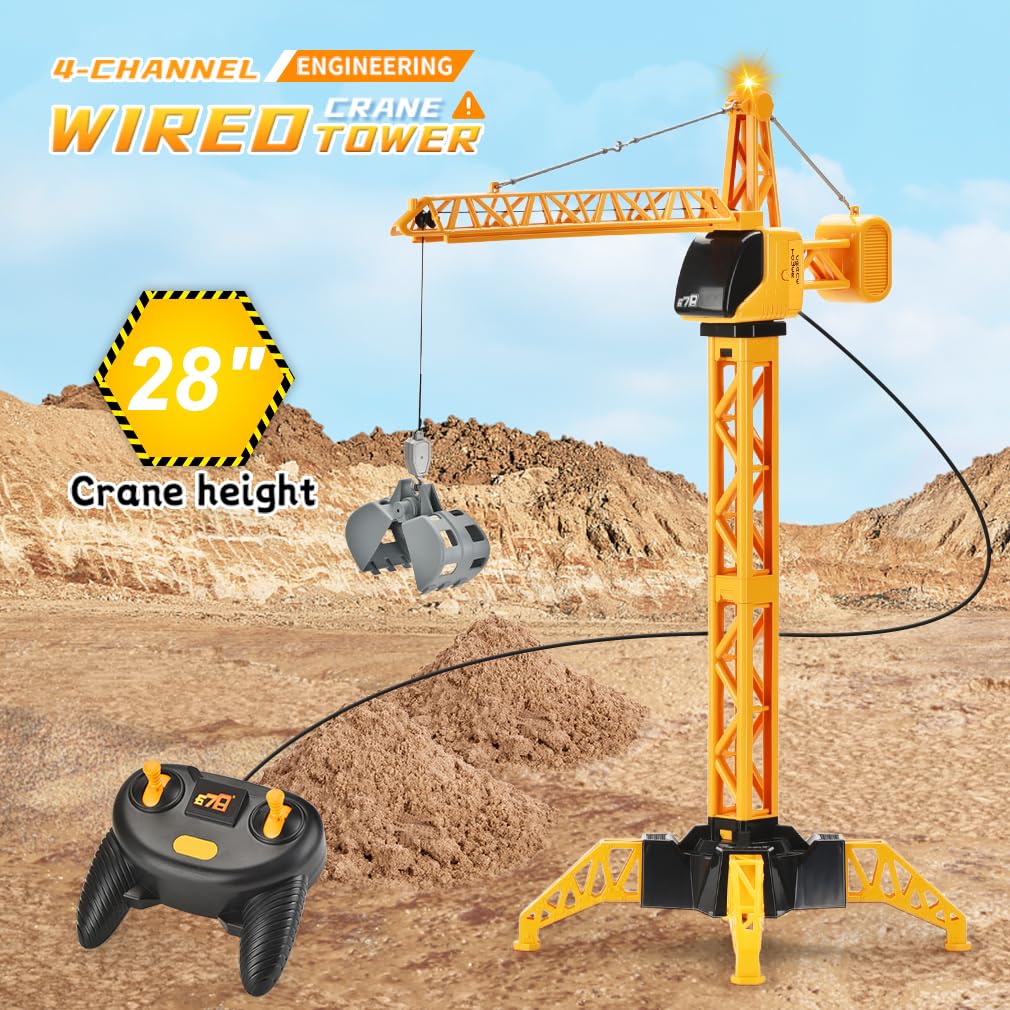 SNACKTANT 28-Inch RC Tower Crane Toy – 4-Channel, LED Lights, 360° Swivel, STEM Learning