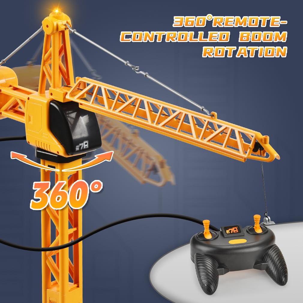 SNACKTANT 28-Inch RC Tower Crane Toy – 4-Channel, LED Lights, 360° Swivel, STEM Learning