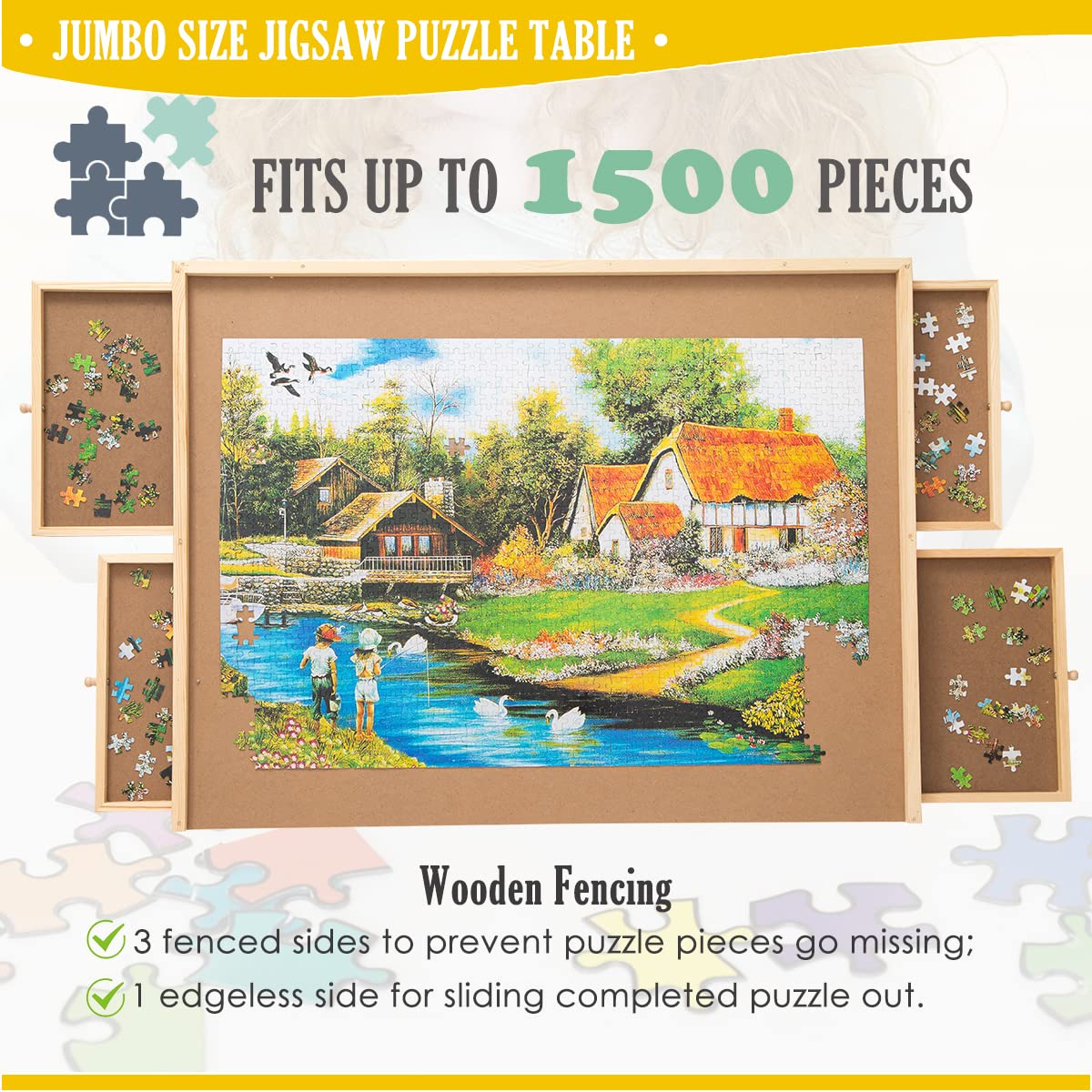 SNAIL Jumbo Wooden Jigsaw Puzzle Board – 34x26 Large Puzzle Table with Storage Drawers for 1500-Piece Puzzles