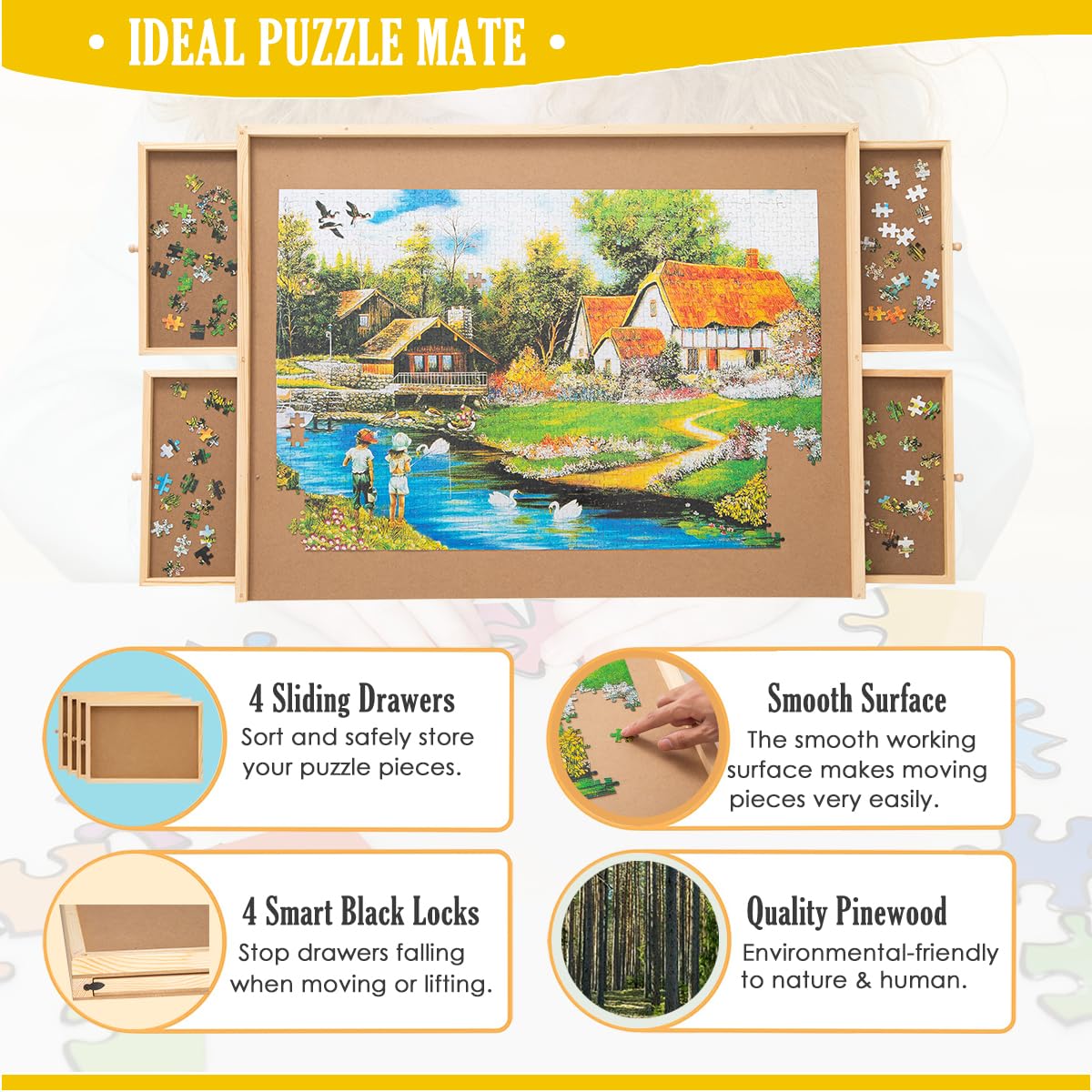 SNAIL Jumbo Wooden Jigsaw Puzzle Board – 34x26 Large Puzzle Table with Storage Drawers for 1500-Piece Puzzles