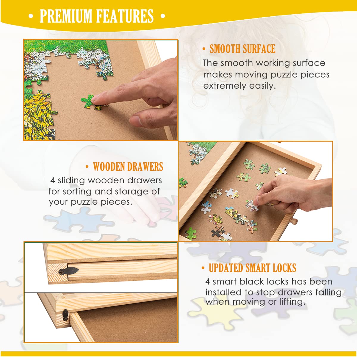 SNAIL Jumbo Wooden Jigsaw Puzzle Board – 34x26 Large Puzzle Table with Storage Drawers for 1500-Piece Puzzles