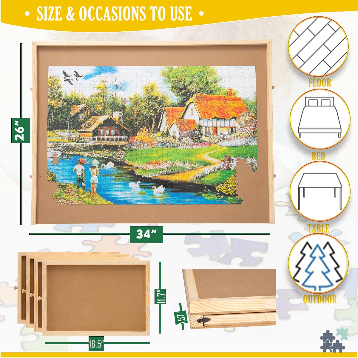 SNAIL Jumbo Wooden Jigsaw Puzzle Board – 34x26 Large Puzzle Table with Storage Drawers for 1500-Piece Puzzles