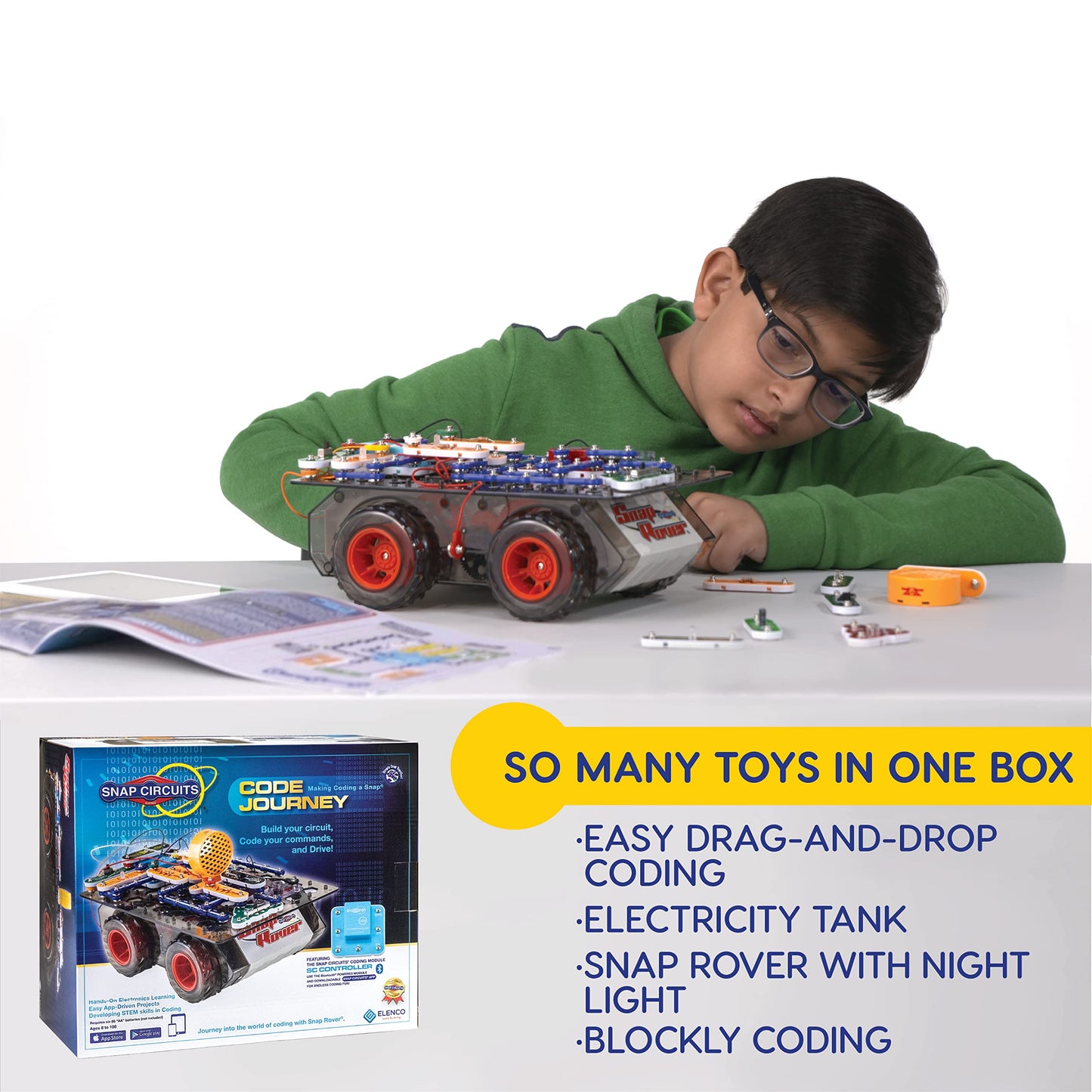 Snap Circuits Code Journey: Bluetooth Coding, Rover Drive Kit for Ages 8–108