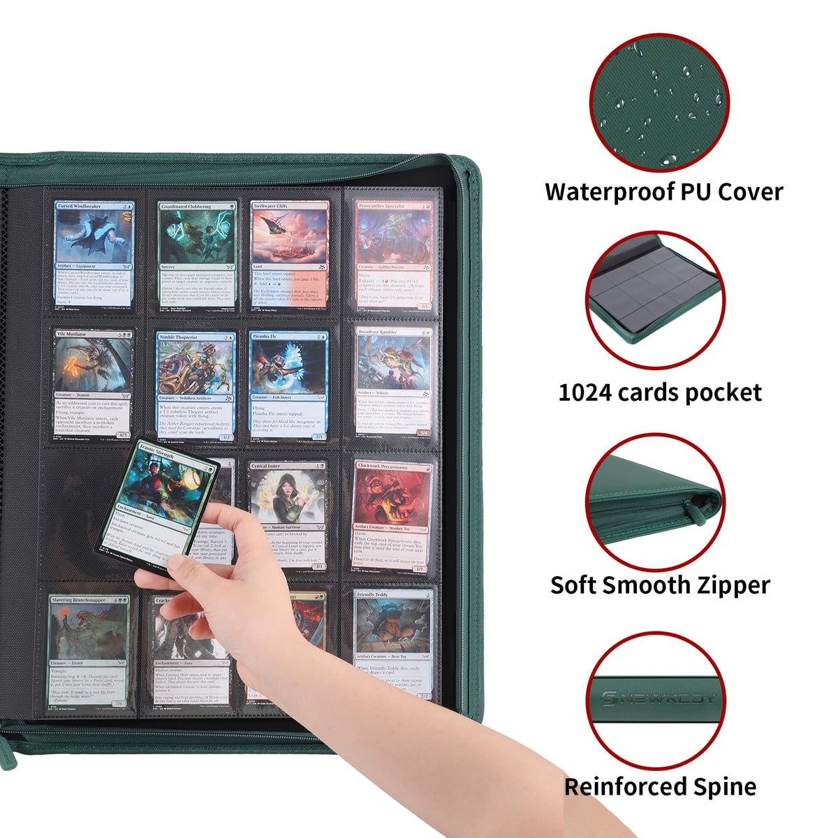 Snekdy Premium 1024-Pocket Card Binder – Waterproof PU Leather, Side-Loading, 16-Pocket Pages, Green