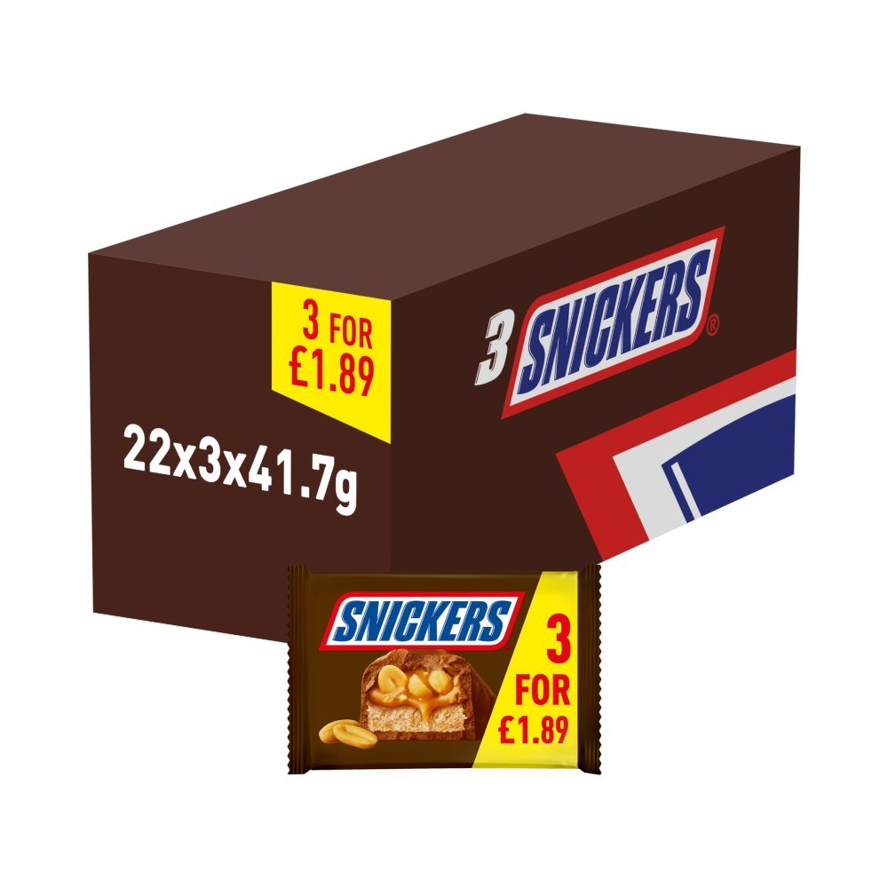 Snickers Chocolate Bars Multipack 3 x 41.7g (Box of 22)