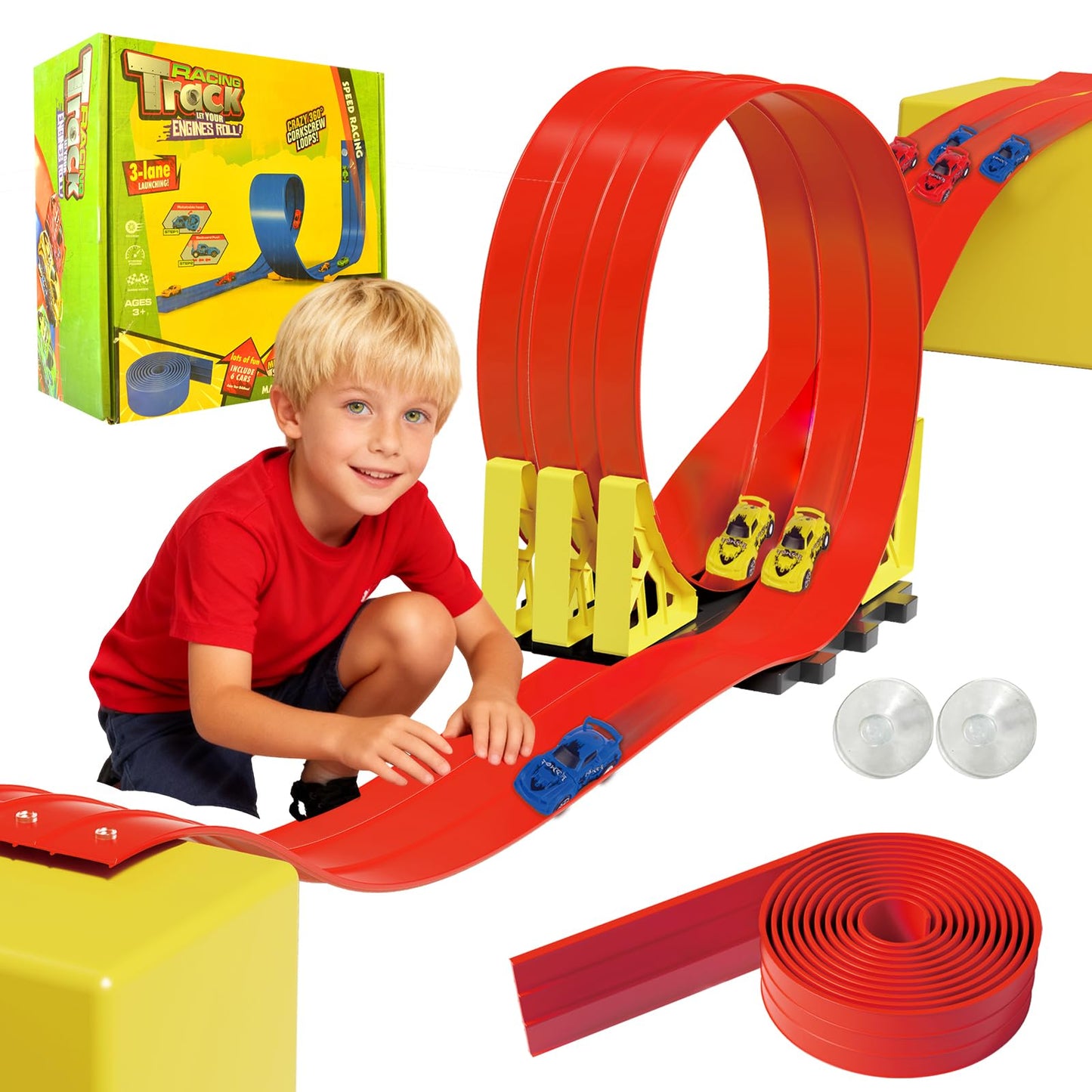 Snidov 16.5ft Build Anywhere Portable Race Track with Suction Cups – Flexible Roll-Up Track for 1:64 Cars (3 Tracks, Red)