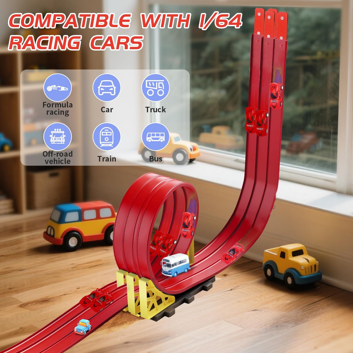 Snidov 16.5ft Build Anywhere Portable Race Track with Suction Cups – Flexible Roll-Up Track for 1:64 Cars (3 Tracks, Red)