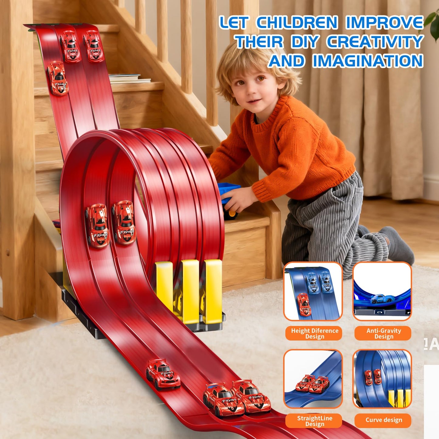 Snidov 16.5ft Build Anywhere Portable Race Track with Suction Cups – Flexible Roll-Up Track for 1:64 Cars (3 Tracks, Red)