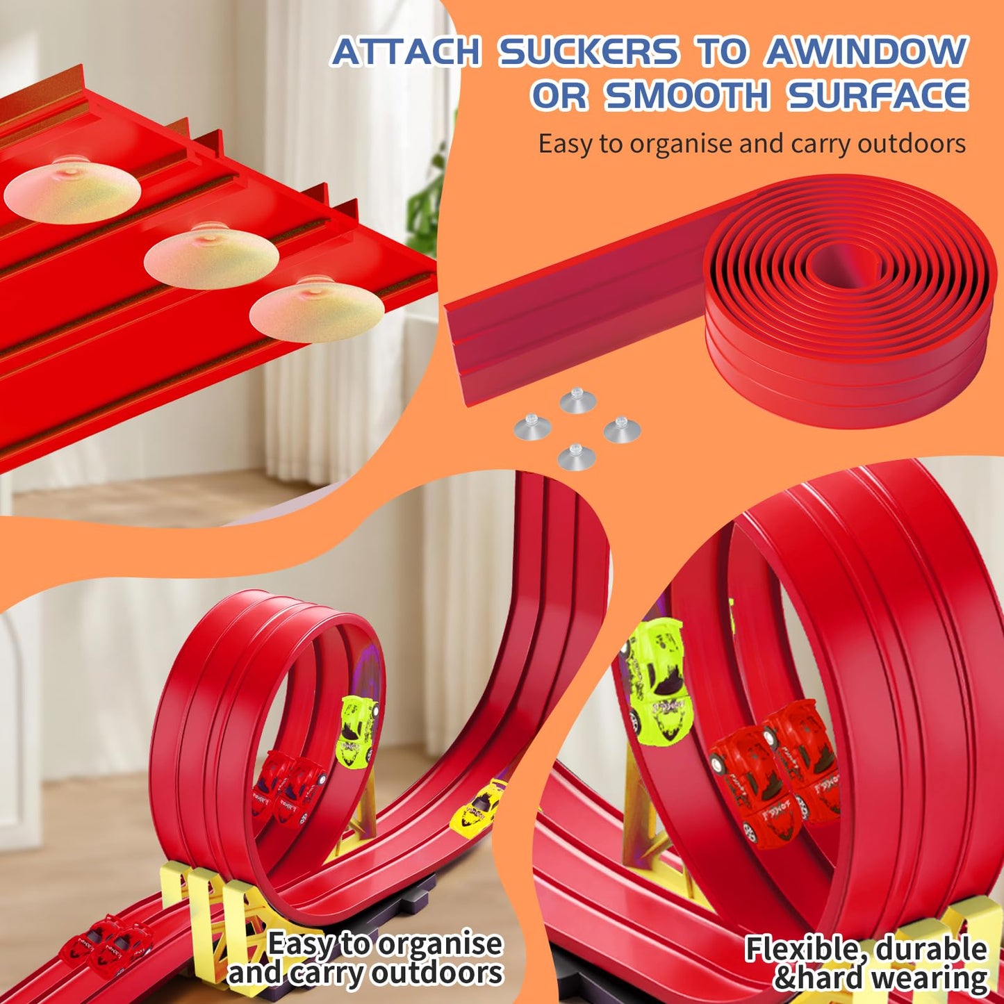 Snidov 16.5ft Build Anywhere Portable Race Track with Suction Cups – Flexible Roll-Up Track for 1:64 Cars (3 Tracks, Red)
