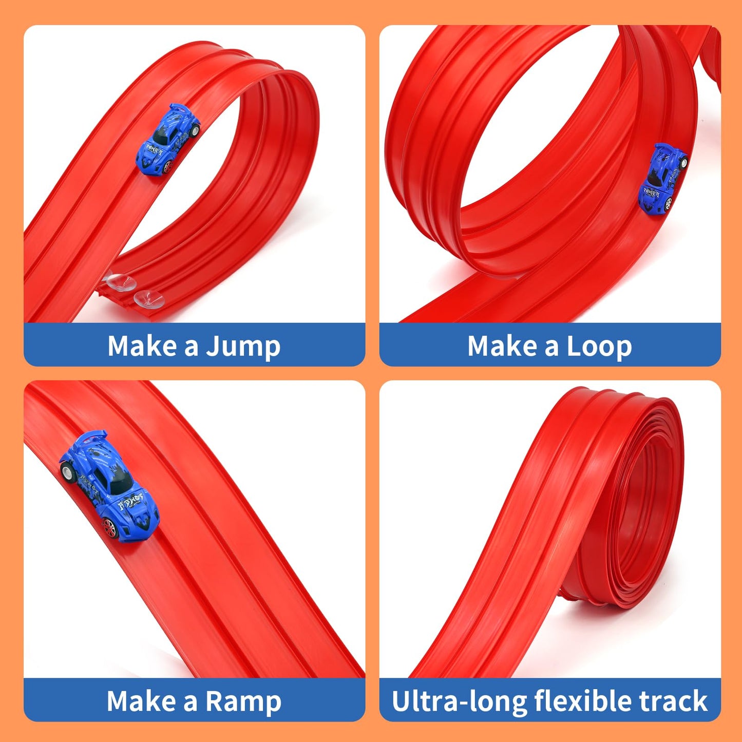 Snidov 16.5ft Build Anywhere Portable Race Track with Suction Cups – Flexible Roll-Up Track for 1:64 Cars (3 Tracks, Red)