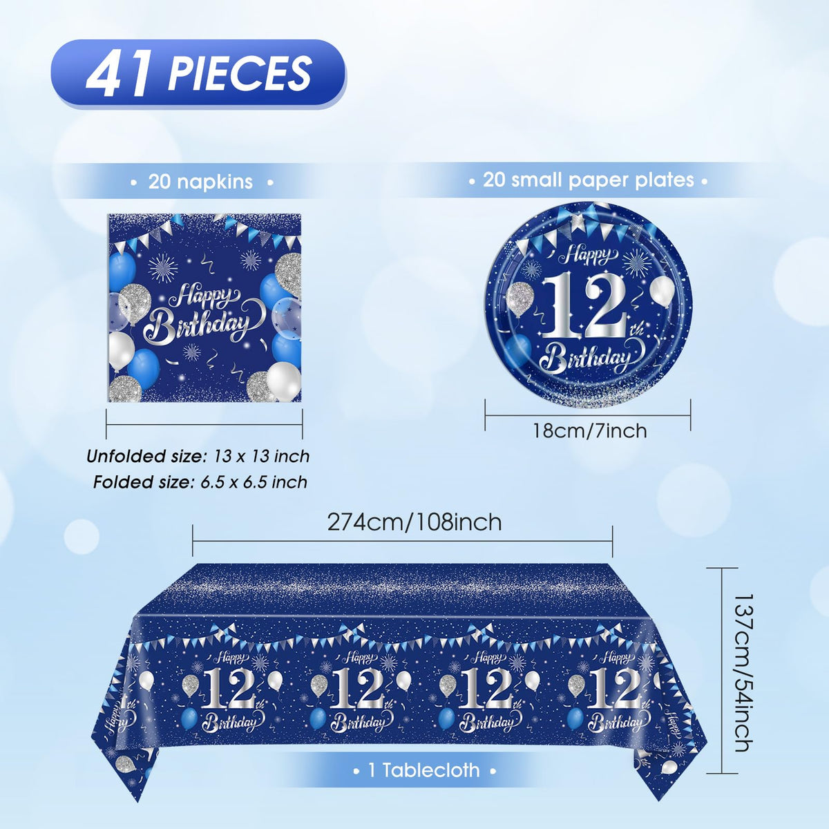 SNIMICS 41Pcs Navy Blue Silver 12th Birthday Decorations – Plates, Napkins & Tablecloth (Serves 20)